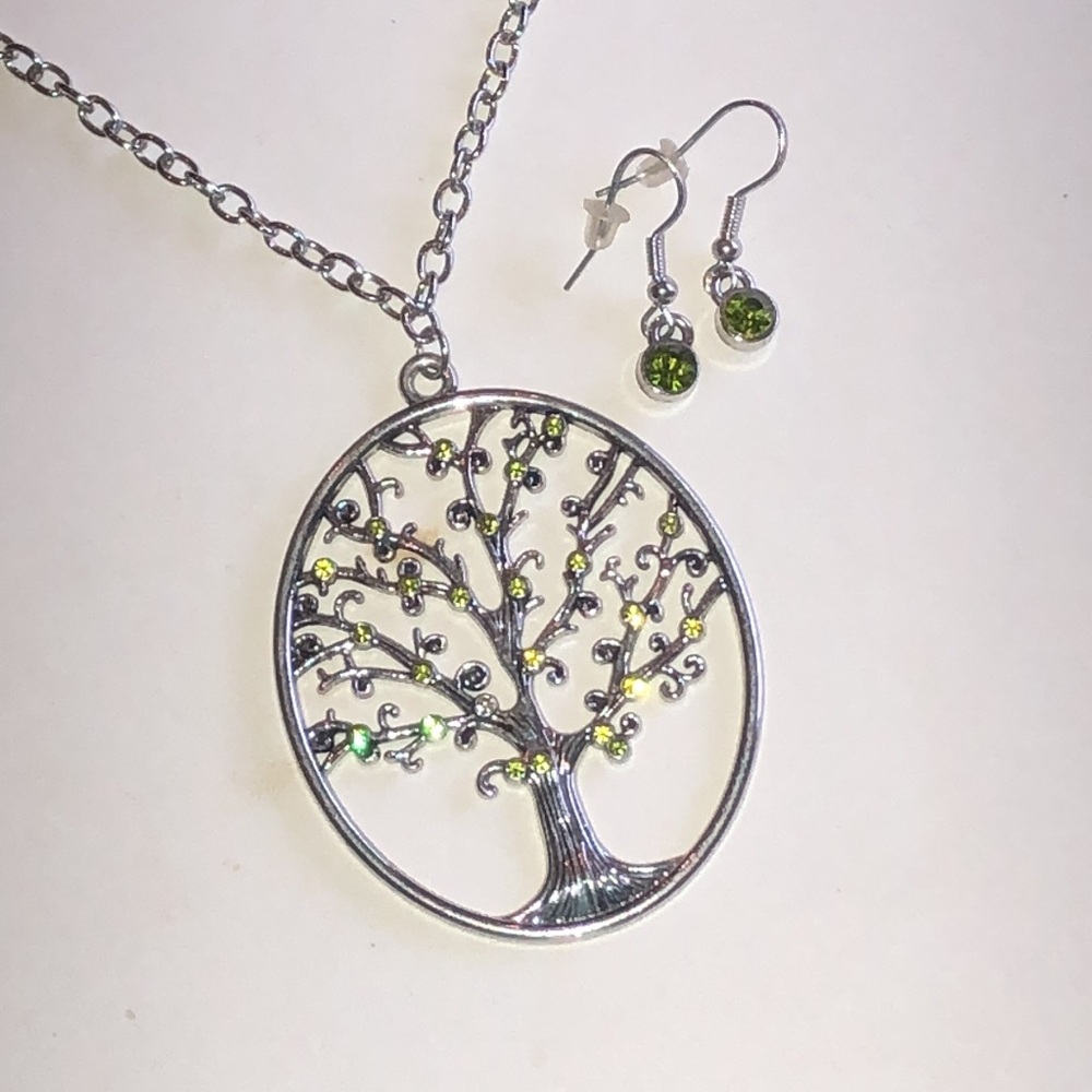 Silver Tone Tree of Life Necklace and Green CZ Earrings - Picture 4 of 4